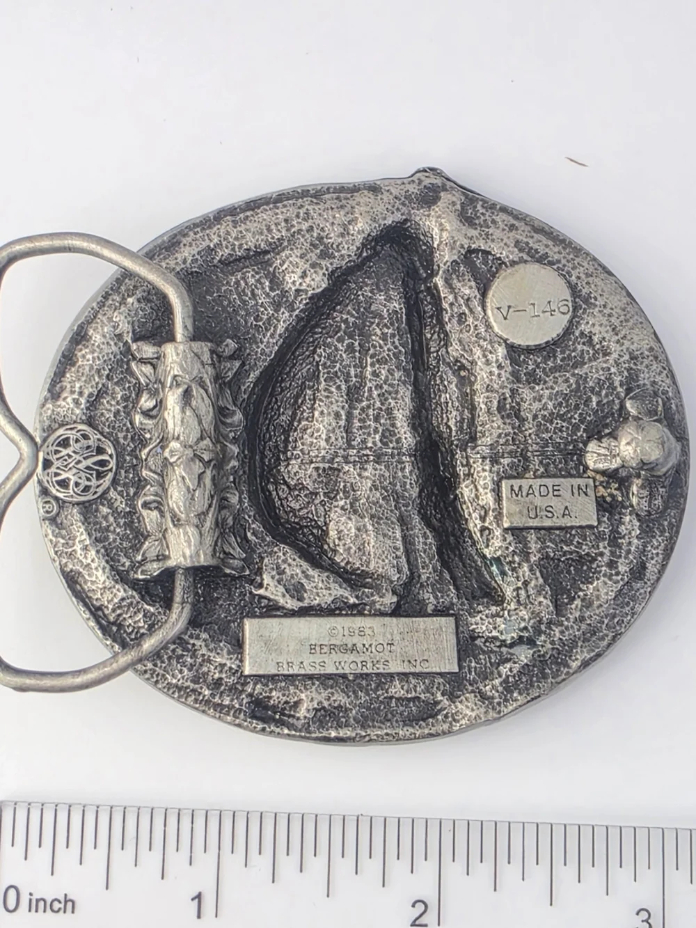 Vintage Bergamot Pewter Sailboat Enamel Belt Buckle Blue Enamel
